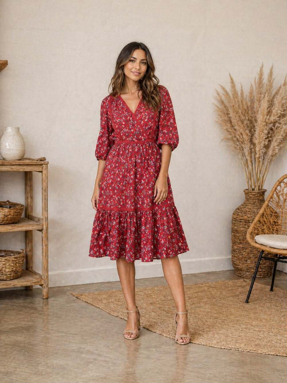 Max Studio Red Floral Tiered Midi Dress Long Sleeve Boho Cottagecore Size S